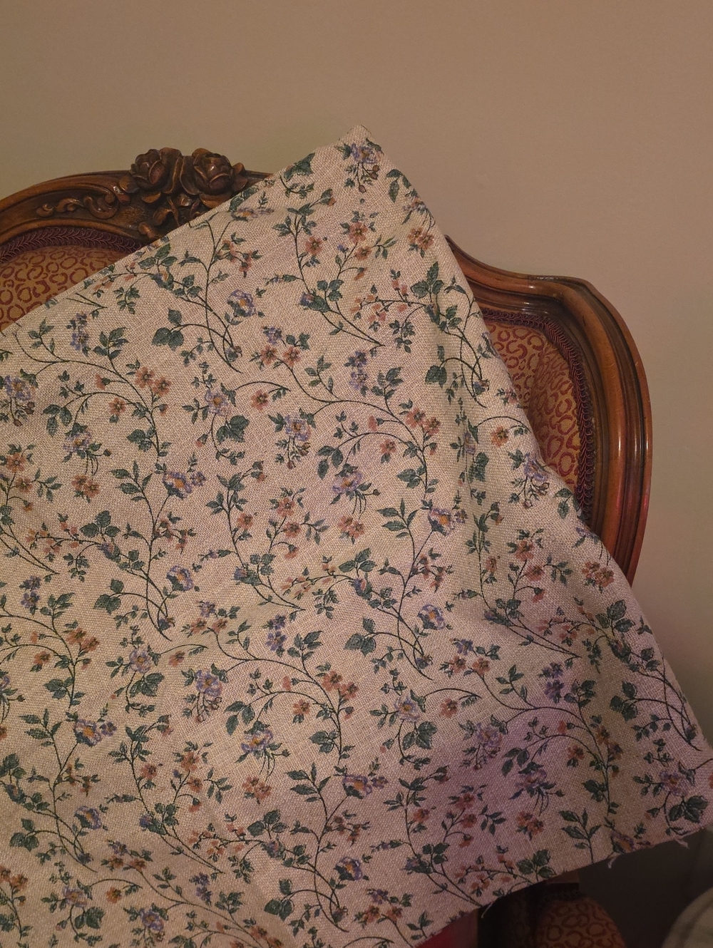 German Floral Linen Panel in Cream and Green